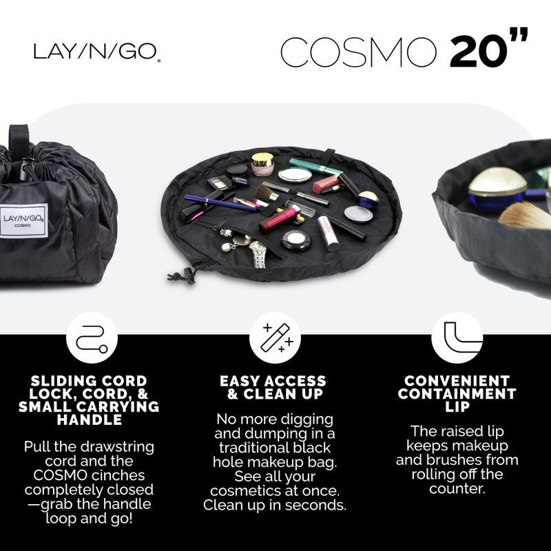 Lay-n-Go Cosmo Layflat Drawstring Cosmetic & Makeup Bag Organizer w/Zipper Pocket, Brush Loops & More, Cinch to Close, Lay Flat to Use, Durable, Machine Wash, Travel Toiletry Bag (20", Navy) - Image 3